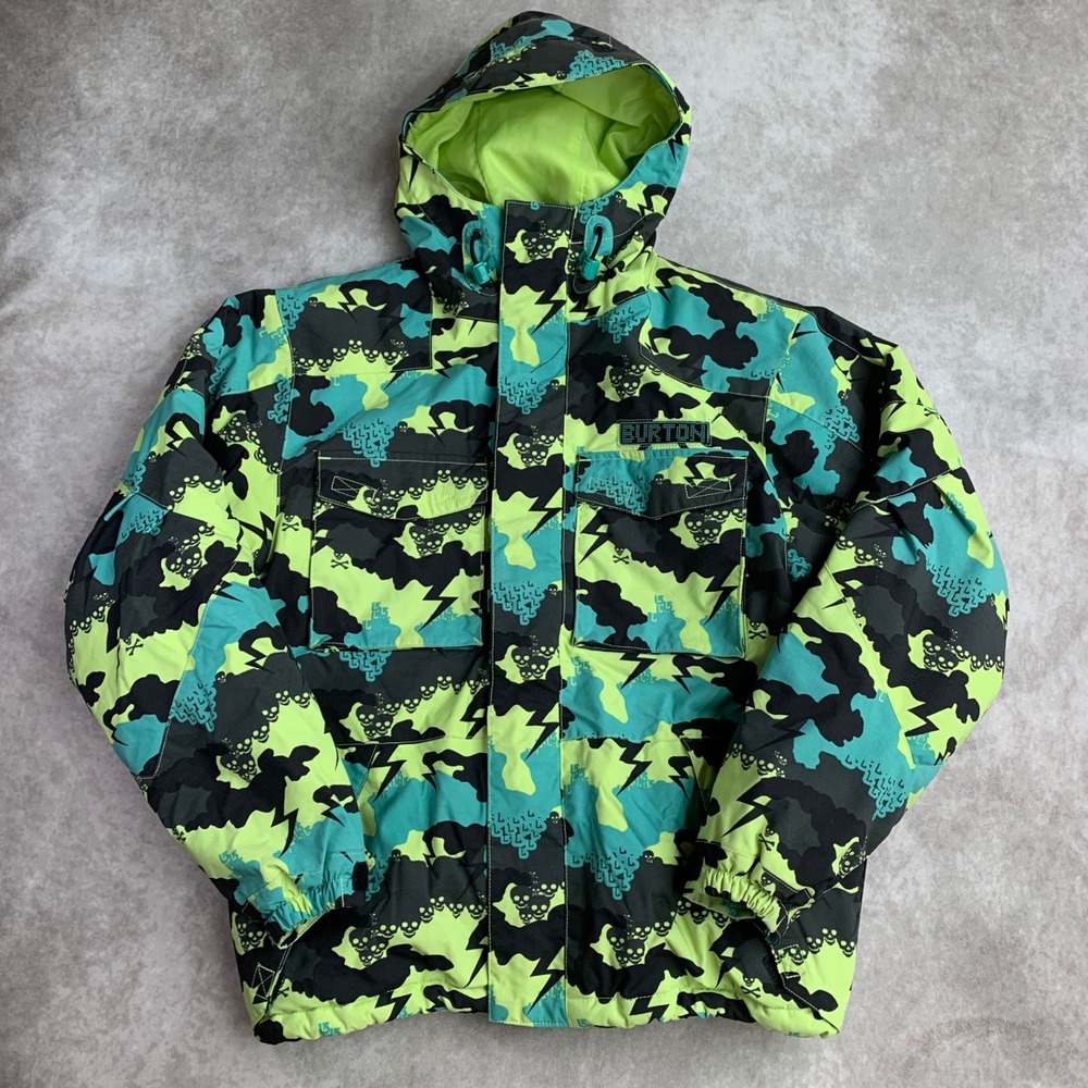 Burton Youth Large Snowboard Jacket Neon Green Teal Camo Skull Lightning Bolt L